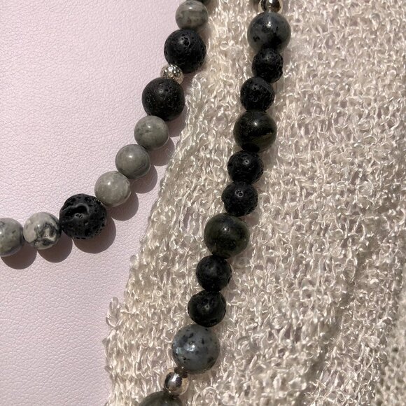 Two-strand natural stone & sterling silver beaded necklace (black/grey) - Picture 3 of 9